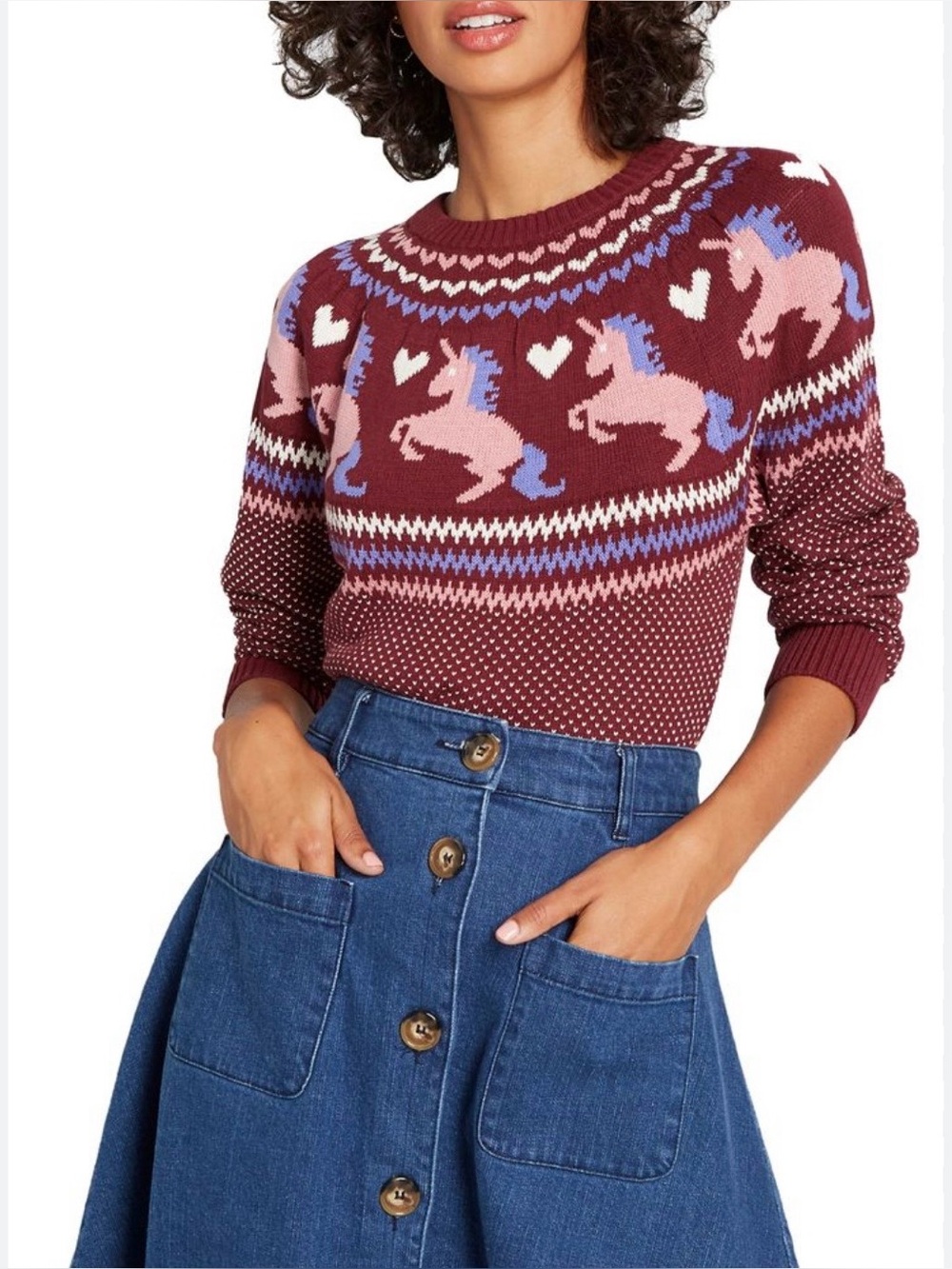 MODCLOTH Burgundy Unicorn Cotton Fair Isle Sweater